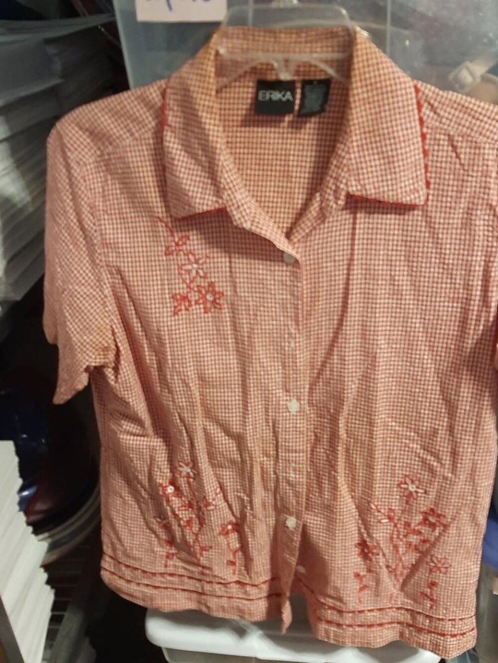 Vintage Erika Women Botton Down Floral Embroidery White Red Check Blouse Size S